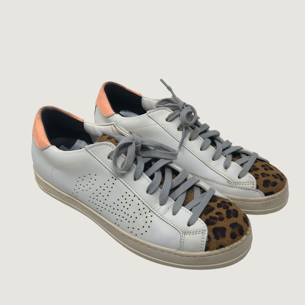 P448 John Sneakers Women 39 White Leopard Calf Hair Glitter Neon‎ Orange Street